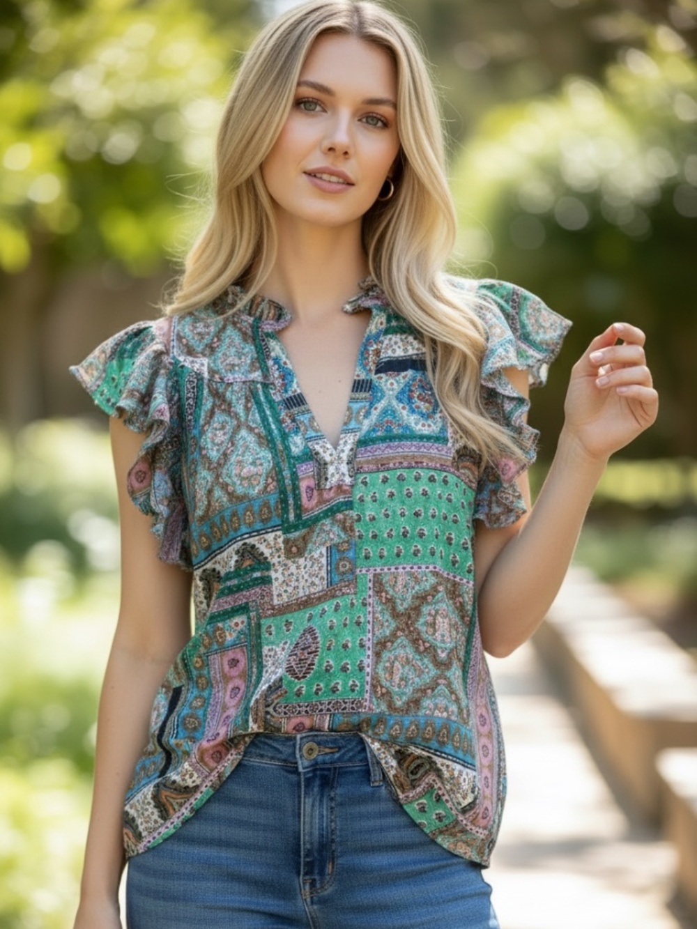 Olivaceous patchwork ruffle sleeve v-neck size large